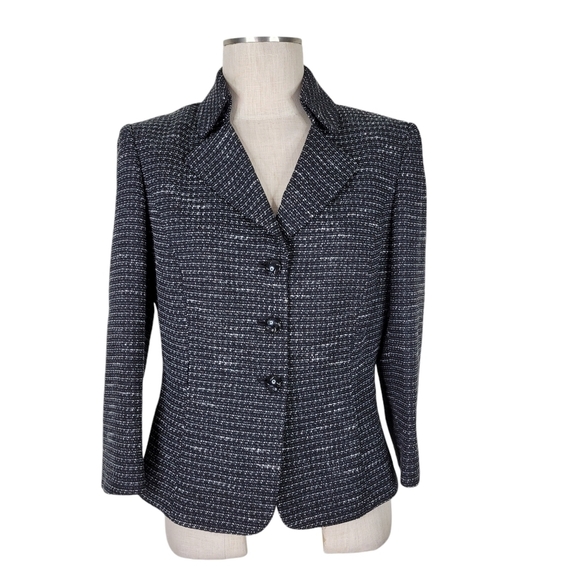 Tahari ASL Tweed Blazer Size 10 Notch Collar Slit Cuffs Lined Black White - Picture 1 of 10